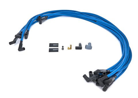 Spark Plug Wire Set - High Performance - Spiral Core - 10 mm - Blue - 90 Degree Plug Boots - HEI Style - Around Front of Engine - Small Block Chevy - Kit