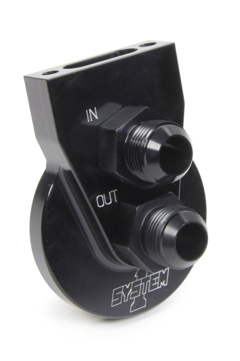 Remote Oil Filter Mount - Single Filter - 1-12 in Thread - 12 AN Male Inlet - 12 AN Male Outlet - Bolt-On - 2-Bolt Flat Mount - Aluminum - Black Anodi