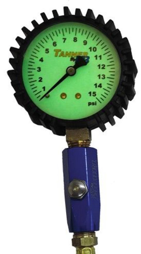 Tire Pressure Gauge - Glow in the Dark - 0-15 psi - Analog - 2-1/2 in Diameter - 1/4 lb Increments - White Face - Each