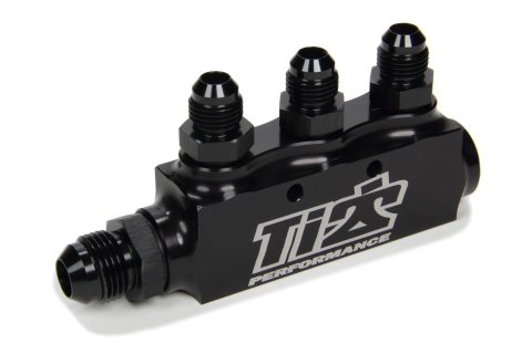 Fuel Block - Three 6 AN Female Ports - One 8 AN Female Port - Male Adapter Fittings Included - One 8 AN Male Fitting - Aluminum - Black Anodized - Each