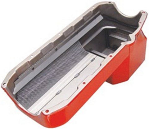Engine Oil Pan - Econo-Series - Rear Sump - 7 qt - 9.25 in Deep - Pickup / Gasket Included - Steel - Red Paint - 2-Piece Seal - Small Block Chevy - Kit