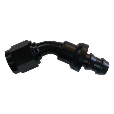 Fitting - Hose End - 45 Degree - 4 AN Hose Barb to 4 AN Female - Aluminum - Black Anodized - Each