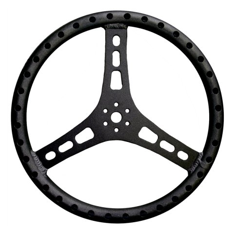 Steering Wheel - Lightweight - 15 in Diameter - 1.25 in Grip Diameter - Flat - 3-Spoke - Drilled Shot Peened Grip - Aluminum - Black Powder Coat - Eac