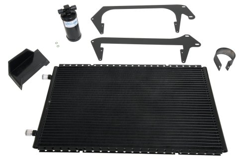 Air Conditioning Condenser and Drier - SureFit - Horizontal - 18 x 16 in - 6 AN / 8 AN Male O-Ring Fittings - Aluminum - Black Paint - Ford Compact SUV 1966-77 - Kit