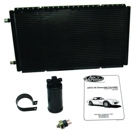 Air Conditioning Condenser and Drier - SureFit - Horizontal - 24 x 14 in - 6 AN / 8 AN Male O-Ring Fittings - Aluminum - Black Paint - Chevy Corvette 1973-76 - Kit