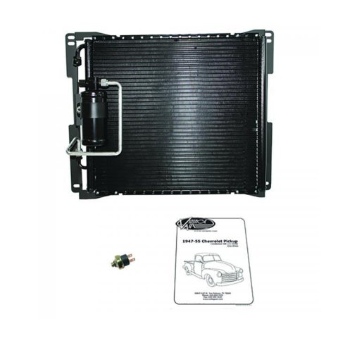 Air Conditioning Condenser and Drier - SureFit - Horizontal - 19 x 17 in - 6 AN / 8 AN Male O-Ring Fittings - Aluminum - Black Paint - Chevy Truck 1947-55 - Kit