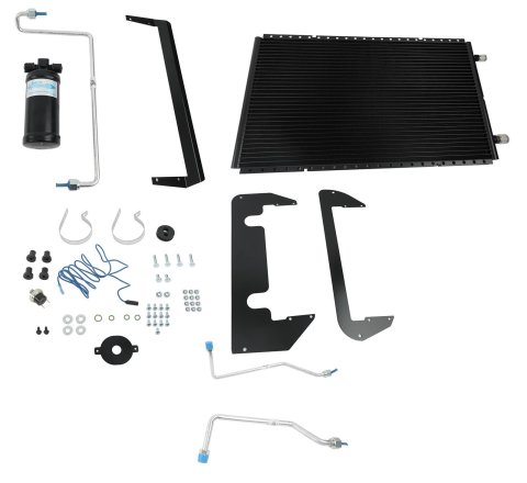 Air Conditioning Condenser and Drier - SureFit - Horizontal - 24 in x 14 in x 0.75 in - 6 AN / 8 AN Male O-Ring Fittings - Aluminum - Black Paint - GM Fullsize Truck 1973-80 - Kit