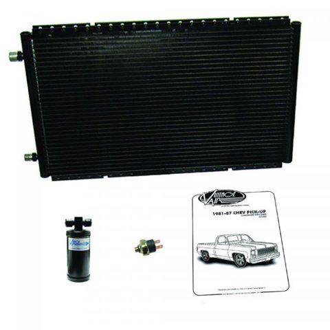 Air Conditioning Condenser - SureFit - Horizontal - 24 x 14 in - 6 AN / 8 AN Male O-Ring Fittings - Brackets / Lines - Aluminum - Black Paint - Kit