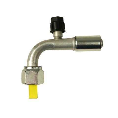Fitting - Hose End - AC Refrigerant - 90 Degree - 10 AN Hose Crimp to 10 AN Female O-Ring - Charge Port - Aluminum / Steel - Natural / Zinc Oxide - Each
