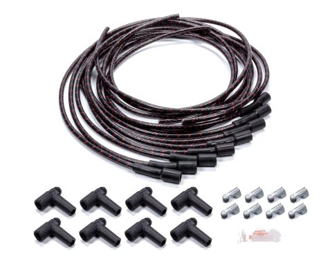 Spark Plug Wire Set - Spiral Core - 7.8 mm - Lacquer Covered Cotton Braid - Black / Red - Straight Boots - HEI Style Terminal - Universal - Kit