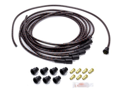 Spark Plug Wire Set - Spiral Core - 7.8 mm - Lacquer Covered Cotton Braid - Black / Orange - Straight Boots - Socket Style - Universal - Kit
