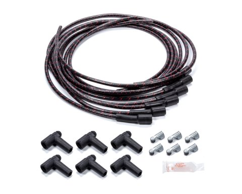 Spark Plug Wire Set - Spiral Core - 7.8 mm - Lacquer Covered Cotton Braid - Black / Red - Straight Boots - HEI Style Terminal - Universal - Kit