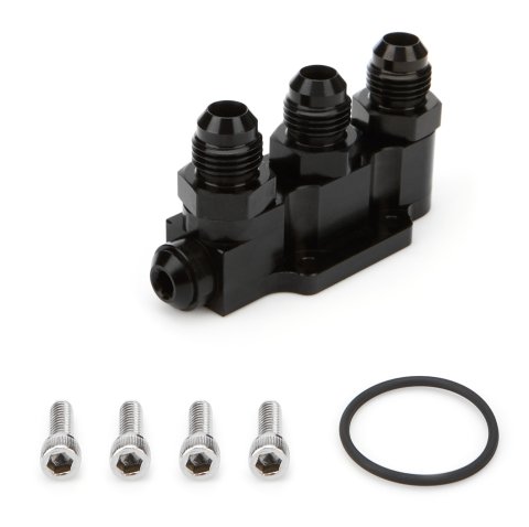 Fuel Pump Manifold - Three 6 AN Male Outlets - Aluminum - Black Anodized - Waterman Fuel Pumps - Each