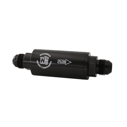 Fuel Filter - In-Line - 100 Micron - Stainless Element - 6 AN Male Inlet - 6 AN Male Outlet - Aluminum - Black Anodized - Each