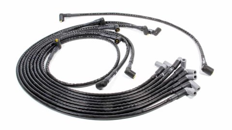 Spark Plug Wire Set - Woody Wires - Spiral Core - 8 mm - Sleeved - Black - 90 Degree Boots - Socket Style - Around Front - Small Block Chevy - Kit