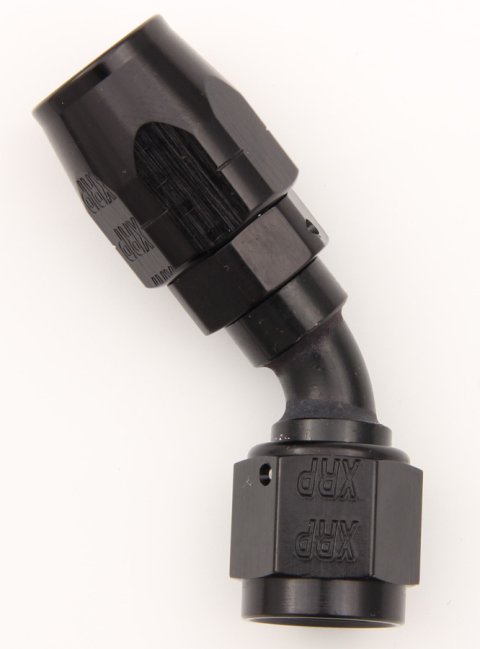 Fitting - Hose End - 45 Degree - 10 AN Hose to 10 AN Female - Double Swivel - Aluminum - Black Anodized - Each
