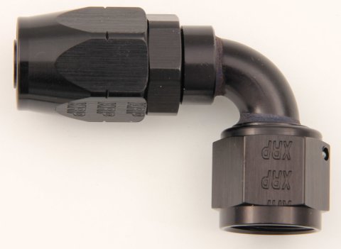 Fitting - Hose End - 90 Degree - 6 AN Hose to 6 AN Female - Double Swivel - Aluminum - Black Anodized - Each