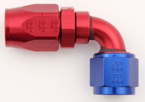 Fitting - Hose End - 90 Degree - 8 AN Hose to 8 AN Female - Double Swivel - Aluminum - Blue / Red Anodized - Each