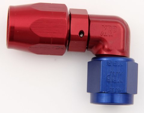 Fitting - Hose End - 90 Degree - Low Profile - 8 AN Hose to 8 AN Female - Double Swivel - Aluminum - Blue / Red Anodized - Each