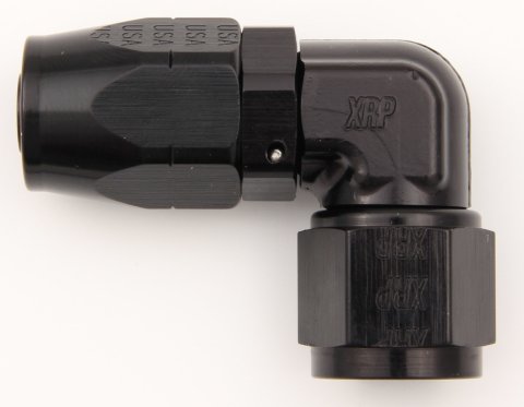 Fitting - Hose End - 90 Degree - Low Profile - 12 AN Hose to 12 AN Female - Double Swivel - Aluminum - Black Anodized - Each