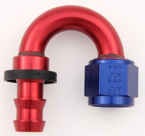 Fitting - Hose End - Push-On - 180 Degree - 6 AN Hose Barb to 6 AN Female - Aluminum - Blue / Red Anodized - Each