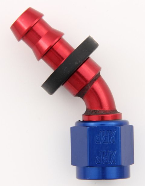 Fitting - Hose End - Push-On - 45 Degree - 4 AN Hose Barb to 4 AN Female - Aluminum - Blue / Red Anodized - Each