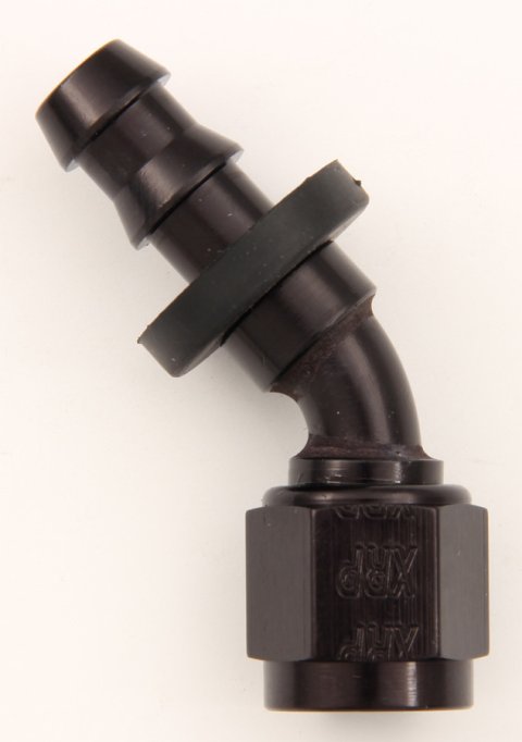 Fitting - Hose End - Push-On - 45 Degree - 6 AN Hose Barb to 6 AN Female - Aluminum - Black Anodized - Each