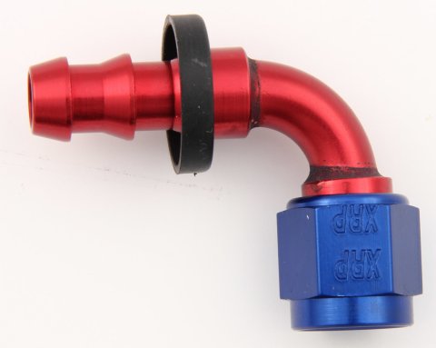Fitting - Hose End - Push-On - 90 Degree - 4 AN Hose Barb to 4 AN Female - Aluminum - Blue / Red Anodized - Each