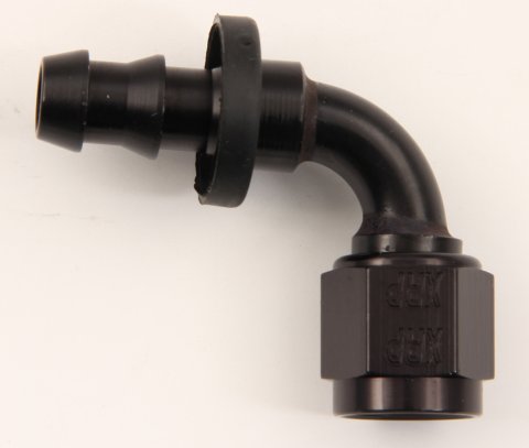 Fitting - Hose End - Push-On - 90 Degree - 4 AN Hose Barb to 4 AN Female - Aluminum - Black Anodized - Each