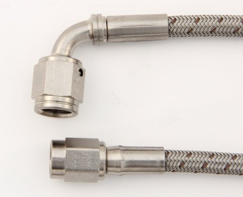 AN Hose Assembly - 24 in Long - 3 AN Hose - 3 AN Straight Female to 3 AN 90 Degree Female - Braided Stainless - PTFE Lined - Each