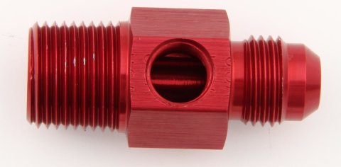 Fitting - Gauge Adapter - Straight - 6 AN Male to 1/4 in NPT Male - 1/8 in NPT Gauge Port - Aluminum - Red Anodized - Each