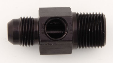 Fitting - Gauge Adapter - Straight - 6 AN Male to 3/8 in NPT Male - 1/8 in NPT Gauge Port - Aluminum - Black Anodized - Each