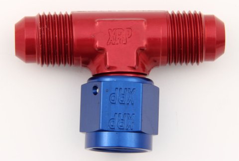 Fitting - Adapter Tee - 6 AN Female Swivel x 6 AN Male x 6 AN Male - Aluminum - Blue / Red Anodized - Each