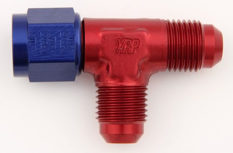 Fitting - Adapter Tee - 8 AN Female Swivel x 8 AN Male x 8 AN Male - Aluminum - Blue / Red Anodized - Each