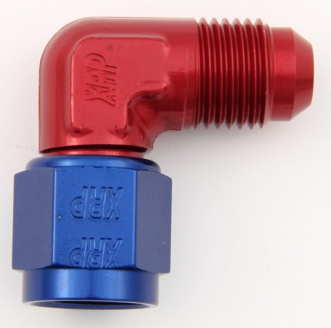 Fitting - Adapter - 90 Degree - 8 AN Female Swivel to 8 AN Male - Low Profile - Aluminum - Blue / Red Anodized - Each