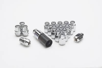 Lug Nut and Lock System - Acorn - 12 mm x 1.50 Right Hand Thread - 16 Lug Nuts - 4 Locks - Steel - Chrome - Kit