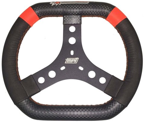 Steering Wheel - Karting / Quarter Midget / Mini Outlaw - 12.75 in Diameter - 0.5 in Dish - 3-Spoke - Black Synthetic Grip - Orange Stripes - Aluminum - Black Anodized - Each