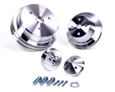 Pulley Kit - High Water Flow Ratio - 2 Groove V-Belt - Aluminum - Clear Powder Coat - Long Water Pump - Small Block Chevy - Kit