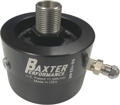 Oil Filter Adapter - Sandwich Adapter - Screw-On - 20 mm x 1.5 Center Thread - Schrader Valve Included - Aluminum - Black Anodized - Subaru FA / FB-Se