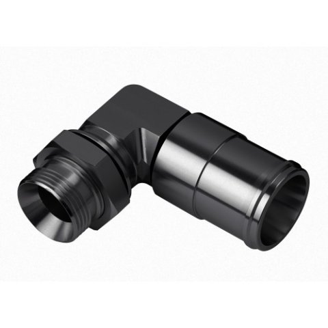 Fitting - Adapter - 90 Degree 16 AN Male to 16 AN O-Ring Bulkhead - Straight 16 AN Female to 1-1/2 in Hose Barb - Aluminum - Black Anodized - Each