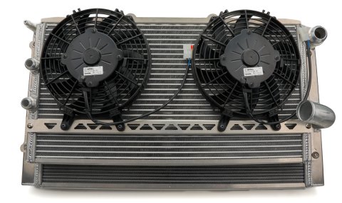 Radiator and Fan - 27.5 in W x 15 in H x 2.5 in D - Dual Pass - Dual Fans - Passenger Side Inlet - Passenger Side Outlet - Aluminum - Natural - NASCAR