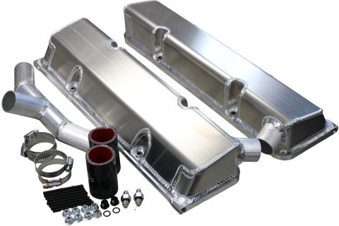 Valve Cover - Tall - 3.125 in - Crossover Breather Tube - Single Breather - Hardware Included - Aluminum - Natural - Small Block Chevy - Kit