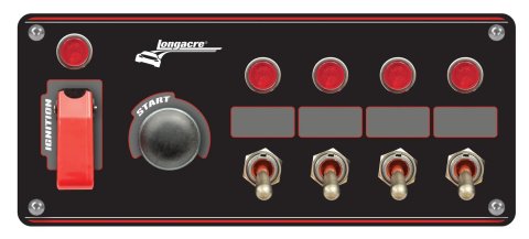 Switch Panel - Dash Mount - Elite - 8.6 x 3.7 in - 1 Safety Cover Toggle / 1 Momentary Button / 4 Toggles - Indicator Lights - Black Anodized - Each