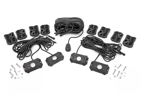 LED Light Assembly - Rock Lights - 12 White LED - Surface Mount - Hardware / Wiring Harness Included - Aluminum - Black Powder Coat - Universal - Kit