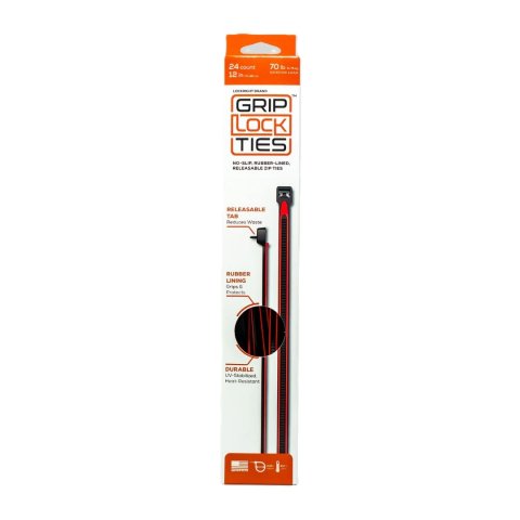 Cable Ties - Zip Ties - 12 in Long - Red Rubber Lined - Nylon - Black - Reusable - Set of 24