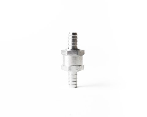 Check Valve - 3/8 in Hose Barb Inlet - 3/8 in Hose Barb Outlet - Aluminum - Silver Anodized - Fuel Tank Vent - Each