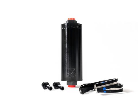 Charcoal Canister - Shop48 Vapor Trapper - 6 in Long - 6 AN Female O-Ring Inlet - 6 AN Female O-Ring Outlet - Fittings / Mounting Bracket Included - Aluminum - Black Anodized - Kit