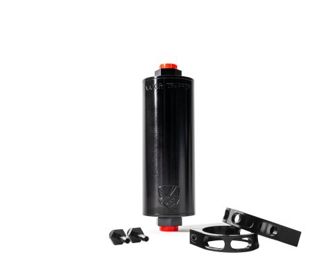 Charcoal Canister - Shop48 Vapor Trapper - 6 in Long - 6 AN Female O-Ring Inlet - 6 AN Female O-Ring Outlet - Fittings / Premium Mounting Bracket Included - Aluminum - Black Anodized - Kit