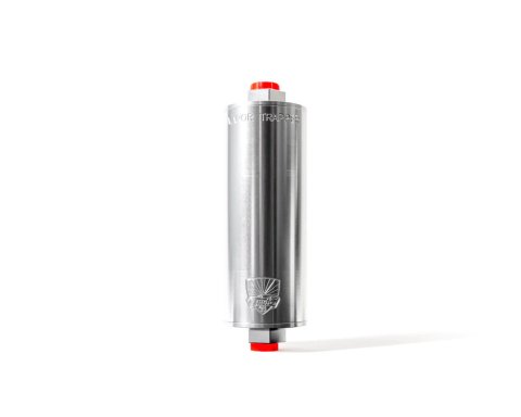 Charcoal Canister - Shop48 Vapor Trapper - 6 in Long - 6 AN Female O-Ring Inlet - 6 AN Female O-Ring Outlet - Aluminum - Silver Anodized - Each