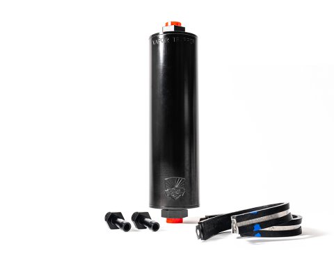 Charcoal Canister - Shop48 Vapor Trapper - 8 in Long - 6 AN Female O-Ring Inlet - 6 AN Female O-Ring Outlet - Fittings / Mounting Bracket Included - Aluminum - Black Anodized - Kit